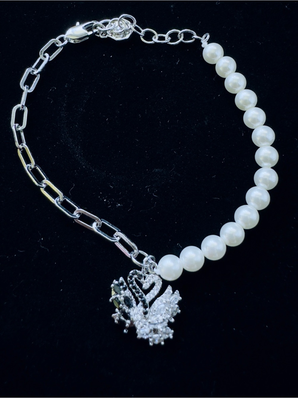 Silver Pearl Bracelet with Black and White Crystal Swan Charm
